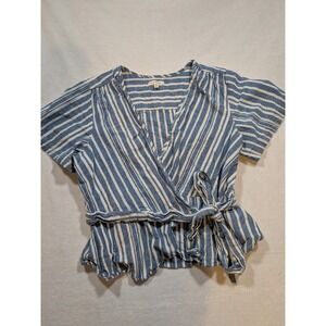 Max Studio Blue White Stripe Wrap Top Tie Waist Short Sleeve Linen Blend XL